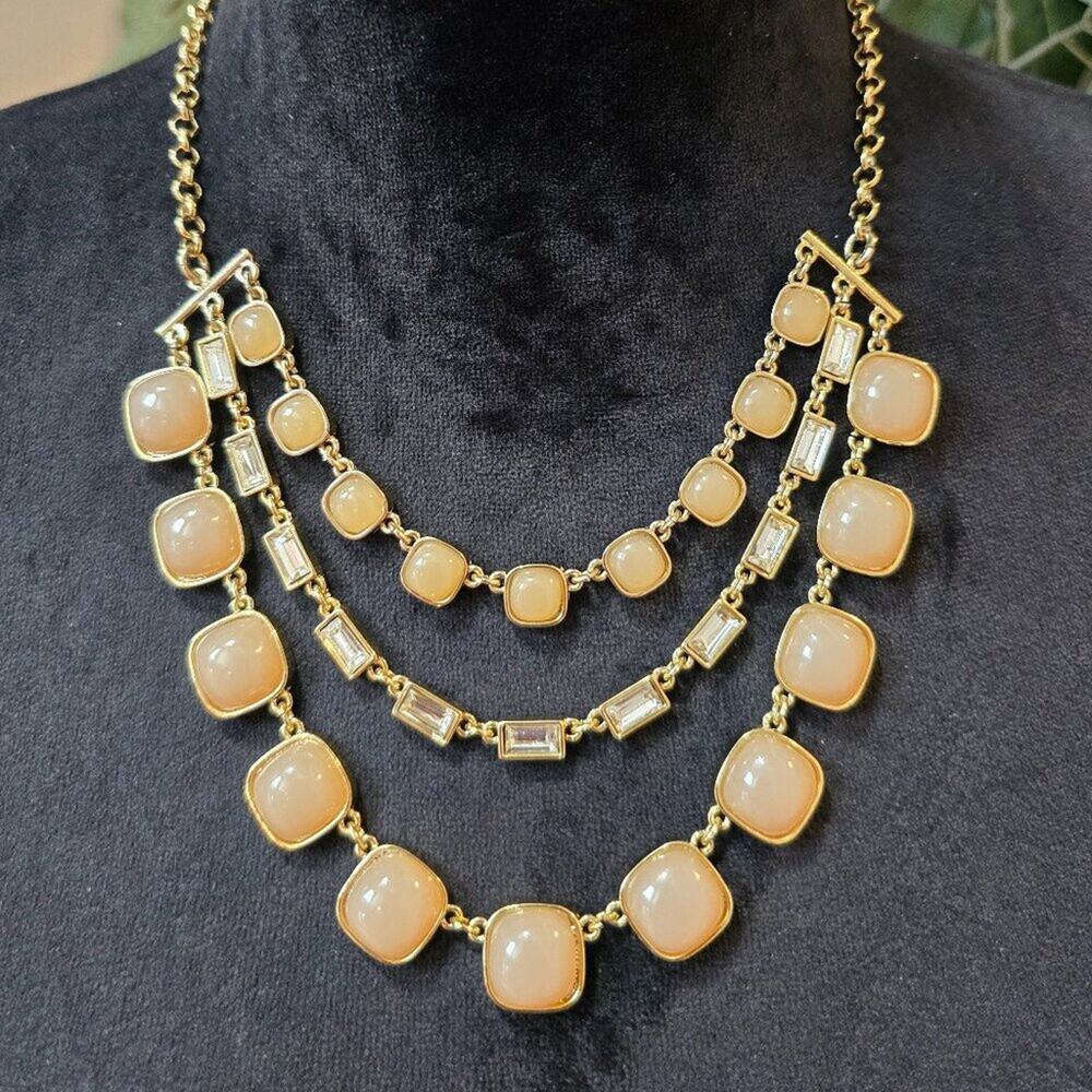 Womens Beige Cabochon Stones & Clear Crystal Necklace Jewelry with Lobster Clasp